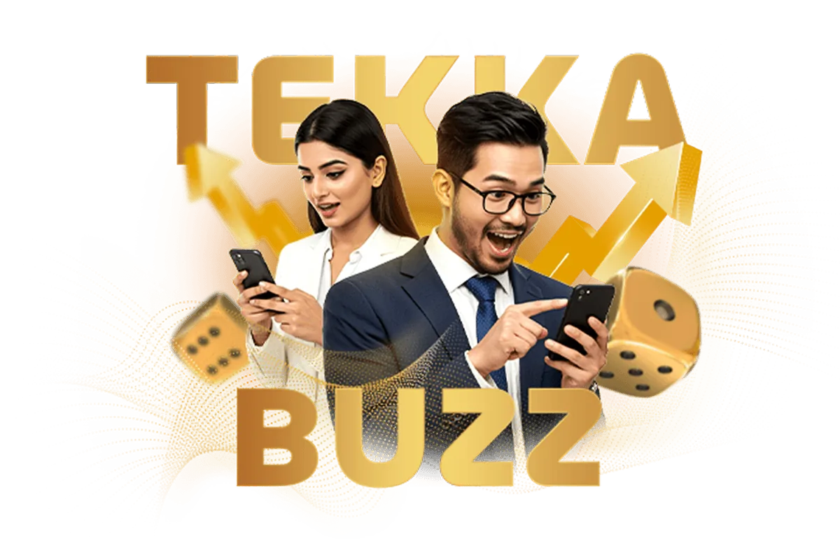 সোনালি TekkaBuzz নামসহ প্রচারণামূলক ছবি — ফোন হাতে দুই খেলোয়াড় ও ডাইস