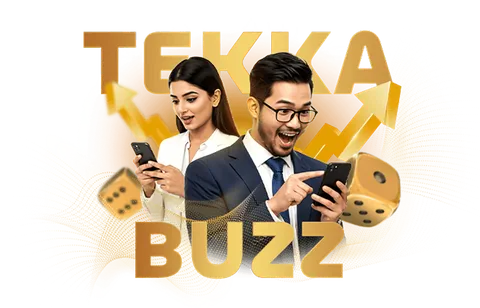 ফোন হাতে দুই খেলোয়াড় ও ডাইসসহ TekkaBuzz-এর প্রচারণামূলক ছবি