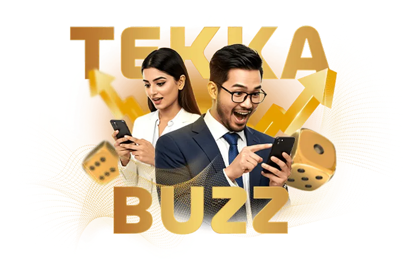 ফোন হাতে দুই খেলোয়াড় ও ডাইসসহ TekkaBuzz-এর প্রচারণামূলক ছবি