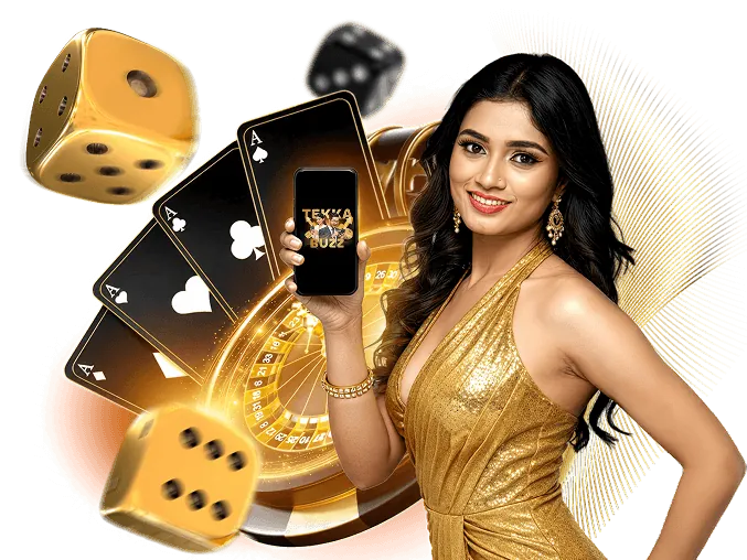 তাস ও লাল ডাইসের পাশে সোনালি প্রাইজ হুইল